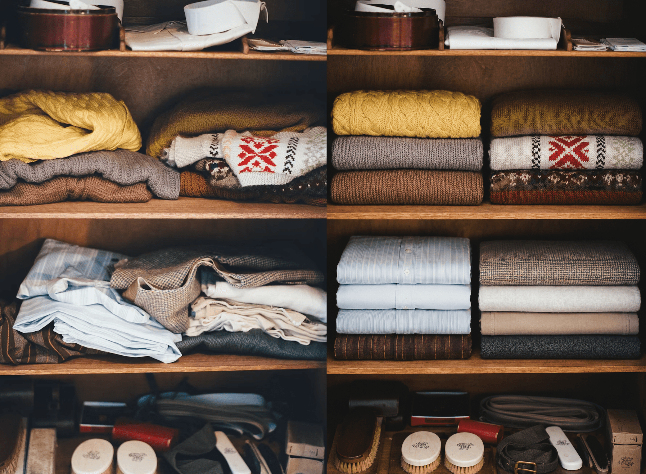 Before and after: cluttered closet vs neatly organized Delightfold wardrobe