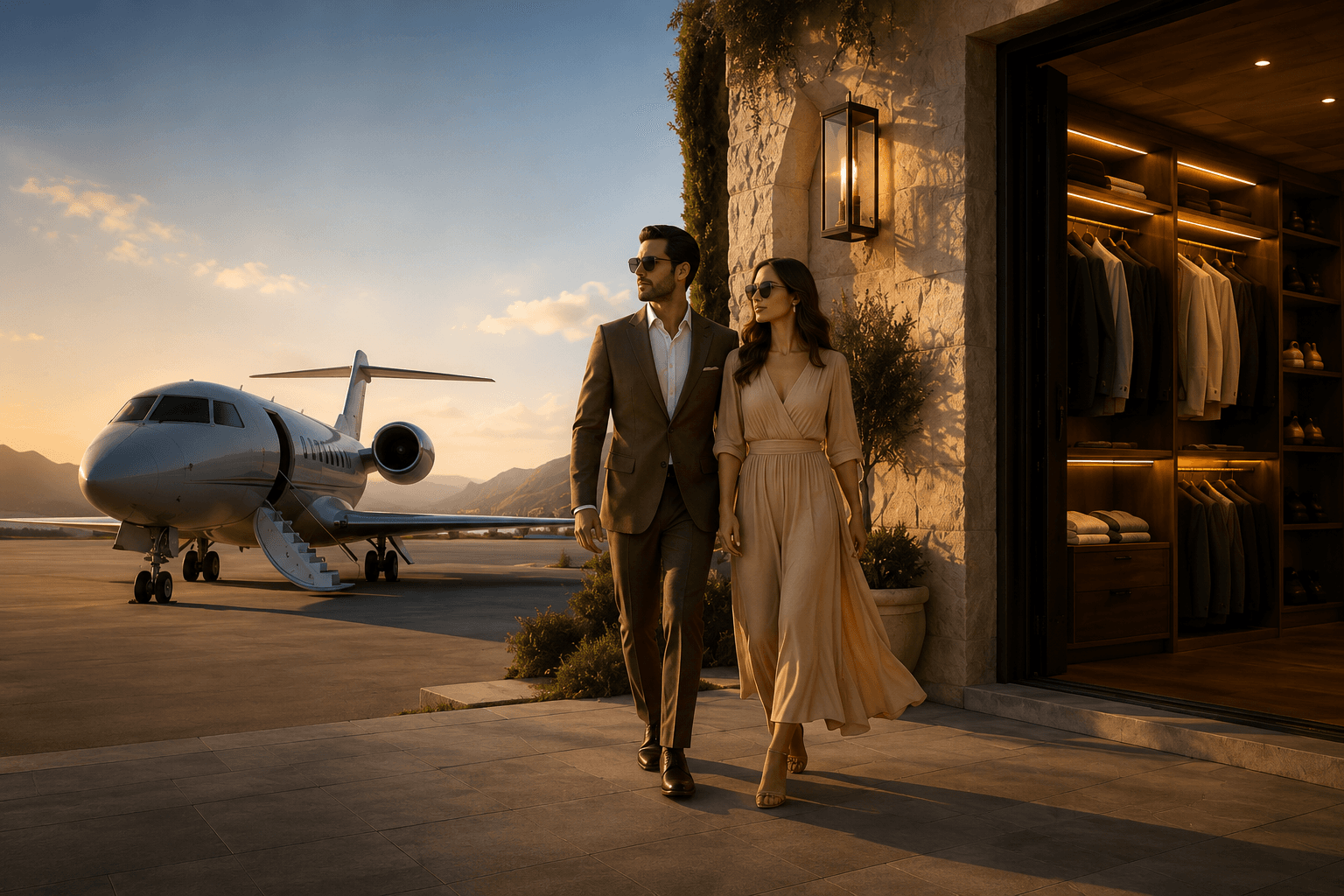 Elegantly dressed couple walking from a private jet beside an illuminated open wardrobe
