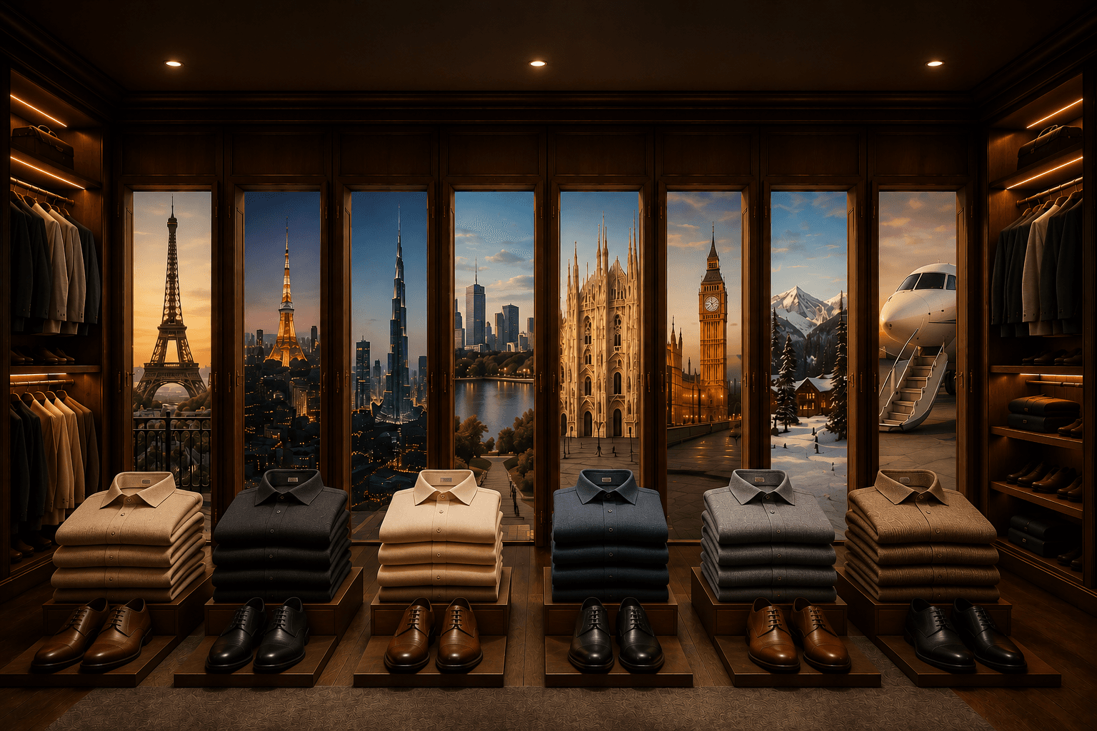 Luxury wardrobe with folded shirts and world city landmarks visible through the windows